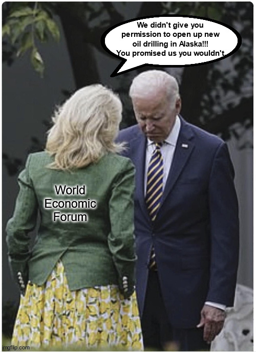 The WEF is our president, not Joe Biden. | We didn't give you permission to open up new oil drilling in Alaska!!!  You promised us you wouldn't. World
Economic
Forum | image tagged in wef puppet,manchurian president,biden assigned to destroy america | made w/ Imgflip meme maker