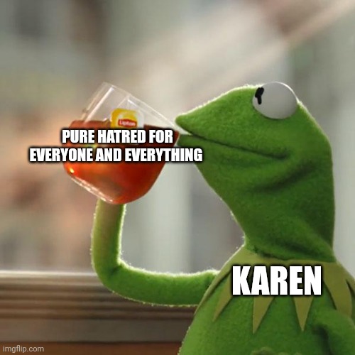 Karen hate everything | PURE HATRED FOR EVERYONE AND EVERYTHING; KAREN | image tagged in memes,but that's none of my business,kermit the frog | made w/ Imgflip meme maker
