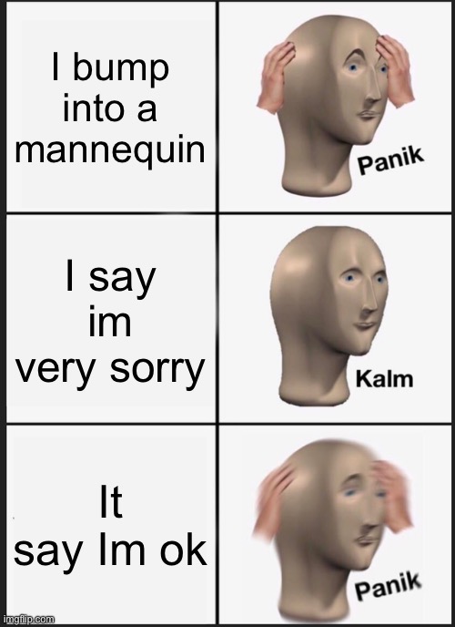 Hmmm something is wrong | I bump into a mannequin; I say im very sorry; It say Im ok | image tagged in memes,funny,panik kalm panik,malls,mannequin | made w/ Imgflip meme maker
