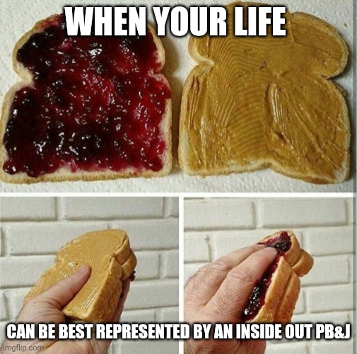 My life is an inside out PB&j | WHEN YOUR LIFE; CAN BE BEST REPRESENTED BY AN INSIDE OUT PB&J | image tagged in inside out peanut butter and jelly sandwich | made w/ Imgflip meme maker