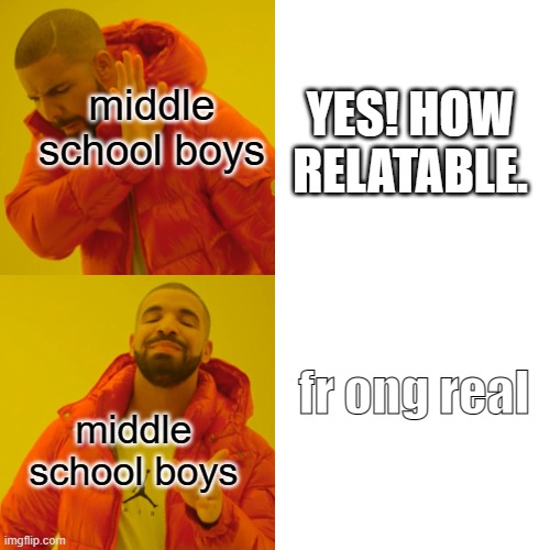 fr | middle school boys; YES! HOW RELATABLE. fr ong real; middle school boys | image tagged in memes,drake hotline bling | made w/ Imgflip meme maker