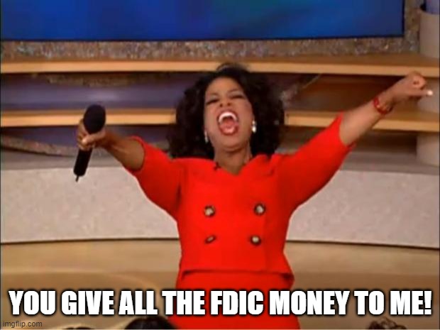 Oprah You Get A Meme | YOU GIVE ALL THE FDIC MONEY TO ME! | image tagged in memes,oprah you get a | made w/ Imgflip meme maker