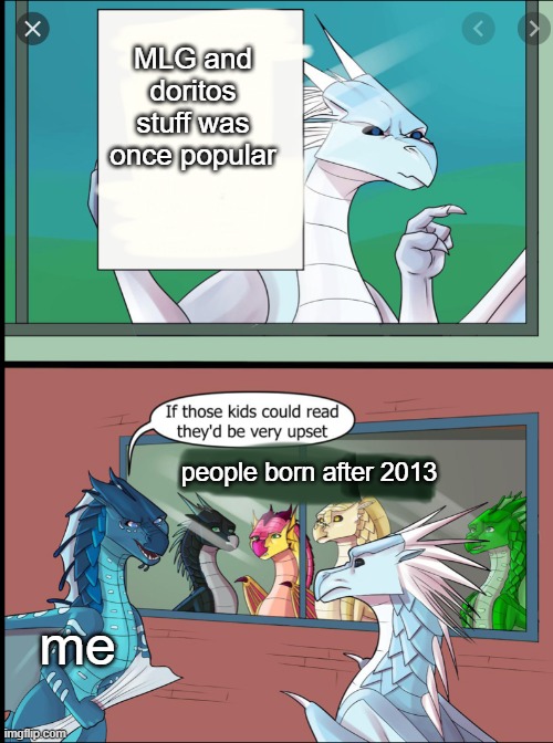 nostalgia | MLG and doritos stuff was once popular; people born after 2013; me | image tagged in wings of fire those kids could read they'd be very upset,wof,mlg | made w/ Imgflip meme maker
