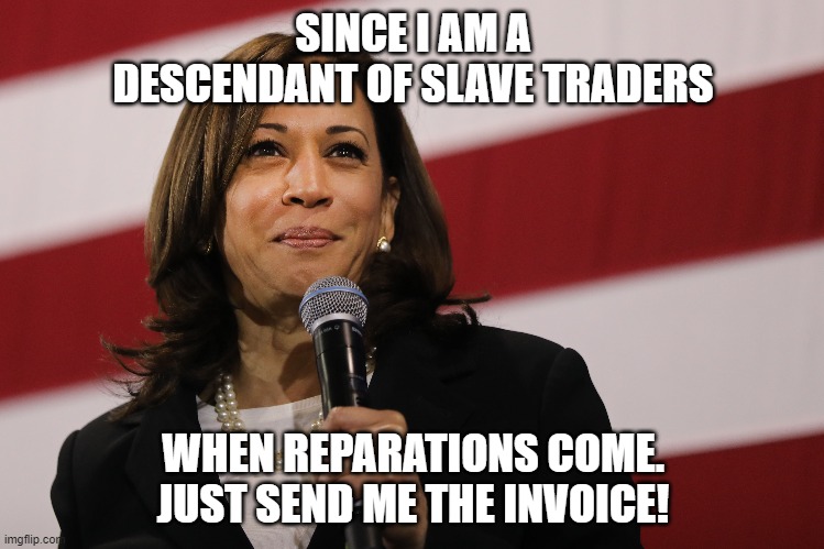reparations | SINCE I AM A DESCENDANT OF SLAVE TRADERS; WHEN REPARATIONS COME. JUST SEND ME THE INVOICE! | image tagged in reparations,slavery,kamala harris,owner | made w/ Imgflip meme maker