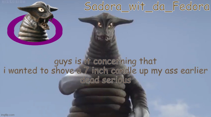 hu | guys is it concerning that i wanted to shove a 7 inch candle up my ass earlier
dead serious | made w/ Imgflip meme maker