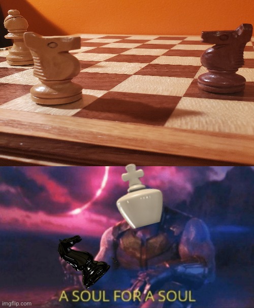 A knight for a knight.. | image tagged in a soul for a soul,knight,chess,thanos | made w/ Imgflip meme maker