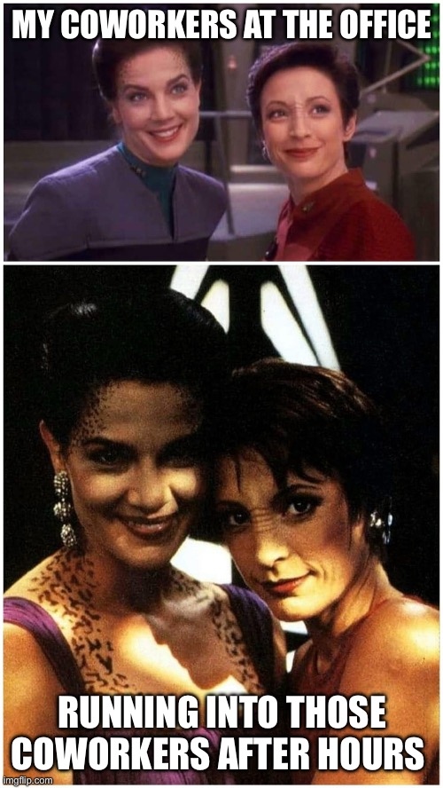 Running into your Sexy Coworkers After Hours | MY COWORKERS AT THE OFFICE; RUNNING INTO THOSE COWORKERS AFTER HOURS | image tagged in dax and kira from deep space nine | made w/ Imgflip meme maker