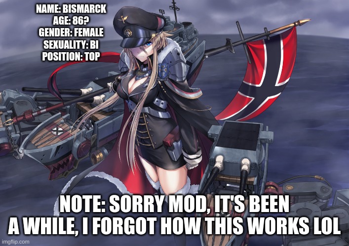 Bismarck Round 2! (sorry mod LOL) | NAME: BISMARCK
AGE: 86?
GENDER: FEMALE
SEXUALITY: BI
POSITION: TOP; NOTE: SORRY MOD, IT'S BEEN A WHILE, I FORGOT HOW THIS WORKS LOL | made w/ Imgflip meme maker