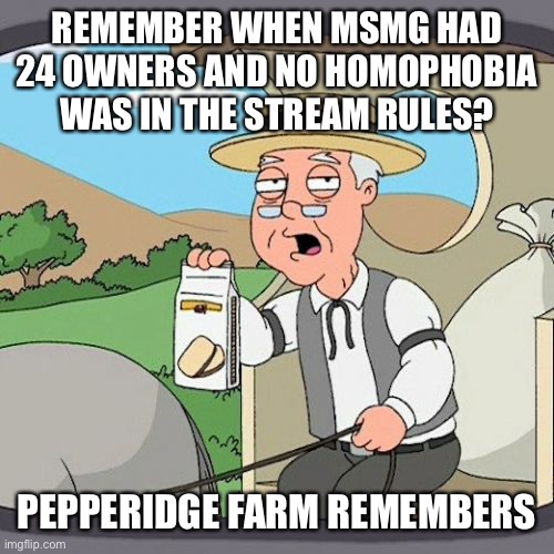 Pepperidge Farm Remembers | REMEMBER WHEN MSMG HAD 24 OWNERS AND NO HOMOPHOBIA WAS IN THE STREAM RULES? PEPPERIDGE FARM REMEMBERS | image tagged in memes,pepperidge farm remembers | made w/ Imgflip meme maker