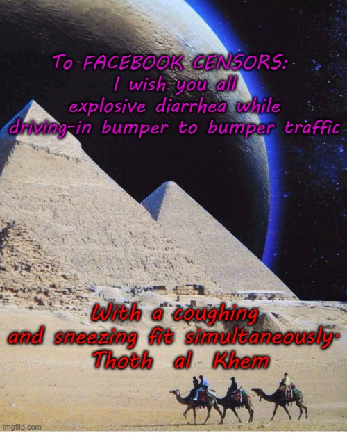 FACEBOOK CENSORS | To FACEBOOK CENSORS:   
I wish you all explosive diarrhea while driving-in bumper to bumper traffic; With a coughing and sneezing fit simultaneously.

 Thoth  al  Khem | image tagged in thoth al khem,facebook sucks,free speech,hate facebook | made w/ Imgflip meme maker