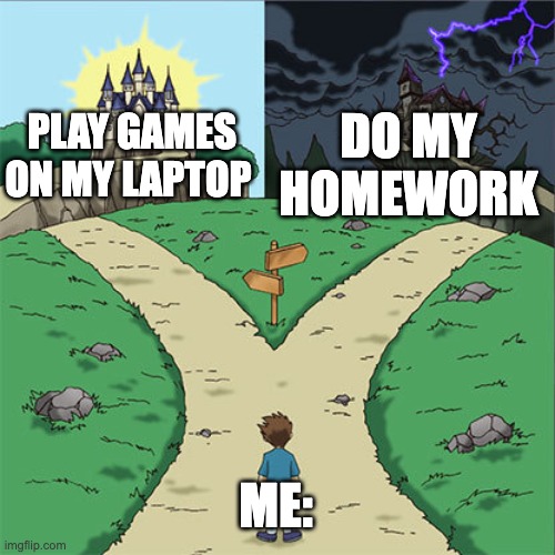 Two Paths | DO MY HOMEWORK; PLAY GAMES ON MY LAPTOP; ME: | image tagged in two paths | made w/ Imgflip meme maker