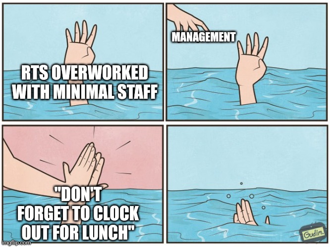 Overworked | MANAGEMENT; RTS OVERWORKED WITH MINIMAL STAFF; "DON'T FORGET TO CLOCK OUT FOR LUNCH" | image tagged in high five drown | made w/ Imgflip meme maker