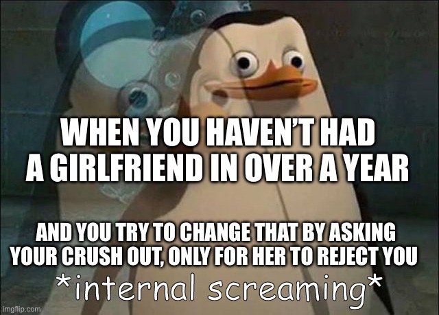 This happened to me today | WHEN YOU HAVEN’T HAD A GIRLFRIEND IN OVER A YEAR; AND YOU TRY TO CHANGE THAT BY ASKING YOUR CRUSH OUT, ONLY FOR HER TO REJECT YOU | image tagged in private internal screaming | made w/ Imgflip meme maker