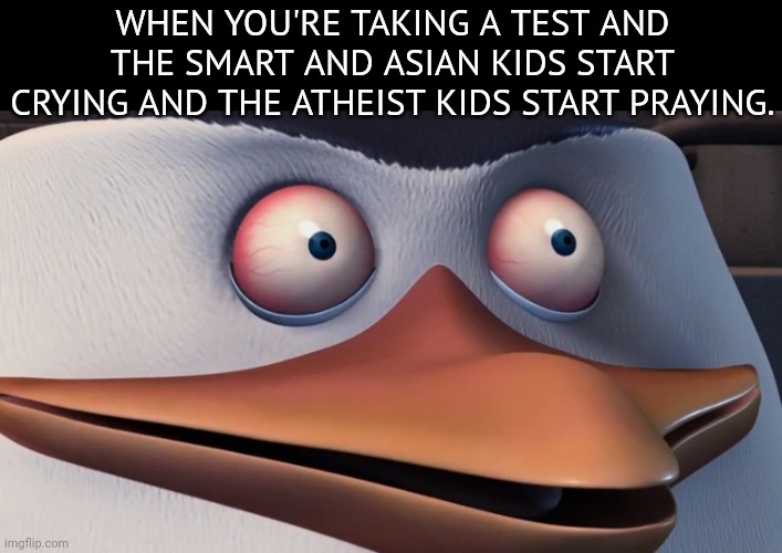 As an atheist myself I can confirm this. | WHEN YOU'RE TAKING A TEST AND THE SMART AND ASIAN KIDS START CRYING AND THE ATHEIST KIDS START PRAYING. | image tagged in penguins of madagascar skipper red eyes | made w/ Imgflip meme maker