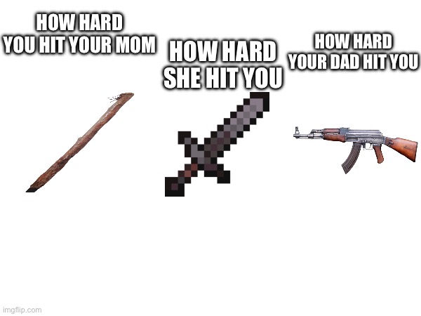 HOW HARD SHE HIT YOU; HOW HARD YOUR DAD HIT YOU; HOW HARD YOU HIT YOUR MOM | made w/ Imgflip meme maker