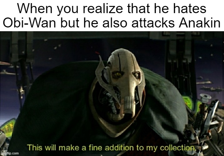 It's hating a fight | When you realize that he hates Obi-Wan but he also attacks Anakin | image tagged in this will make a fine addition to my collection,memes | made w/ Imgflip meme maker