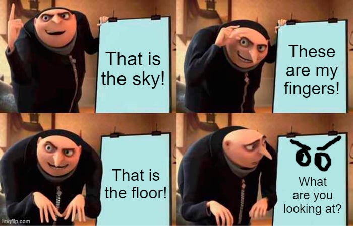 This is the title | That is
the sky! These are my fingers! That is the floor! What are you looking at? | image tagged in memes,gru's plan | made w/ Imgflip meme maker