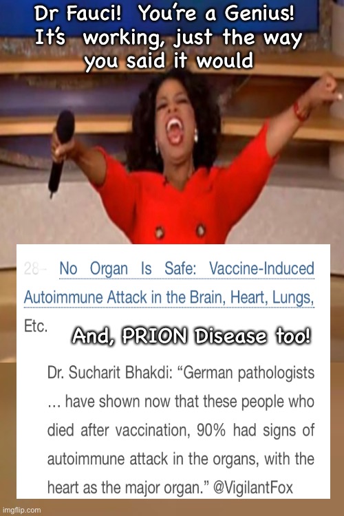 Oprah’s thrilled.  Fewer Useless Eaters! | Dr Fauci!  You’re a Genius! 
It’s  working, just the way
you said it would; And, PRION Disease too! | image tagged in memes,oprah is tired of kissing up to whitey,get rid of the lowlifes,more room for her money and her ego,fjb voters kissmyass | made w/ Imgflip meme maker