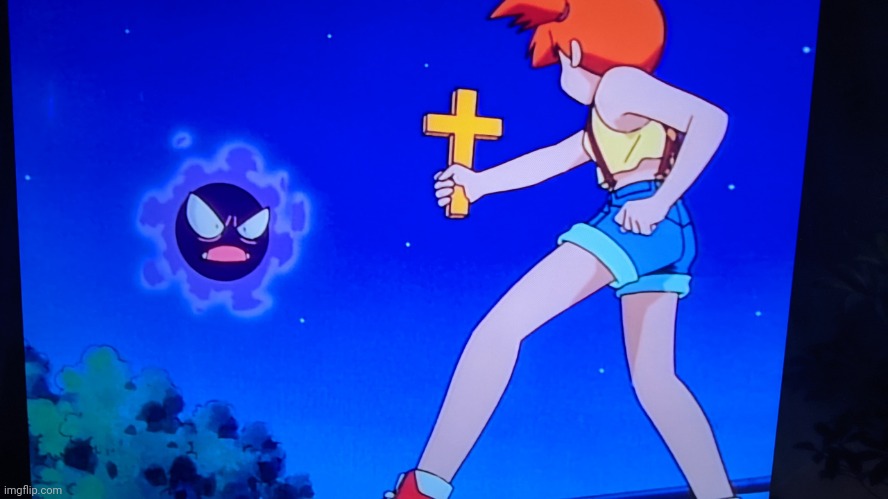 Misty uses cross against a Ghastly | image tagged in misty uses cross against a ghastly | made w/ Imgflip meme maker
