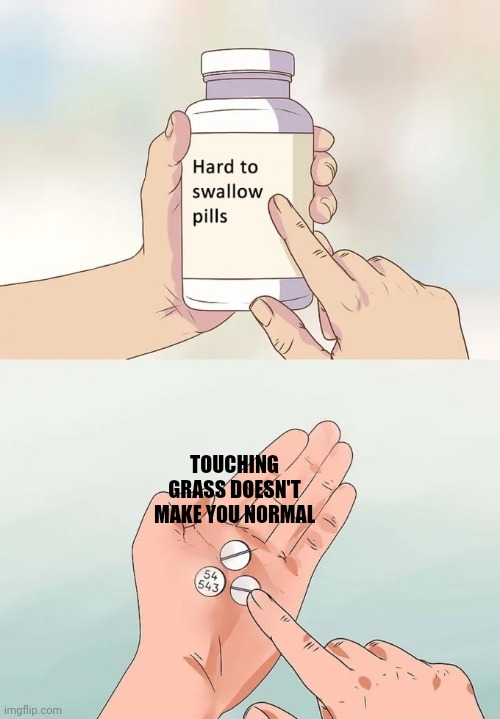 Hard To Swallow Pills | TOUCHING GRASS DOESN'T MAKE YOU NORMAL | image tagged in memes,hard to swallow pills | made w/ Imgflip meme maker