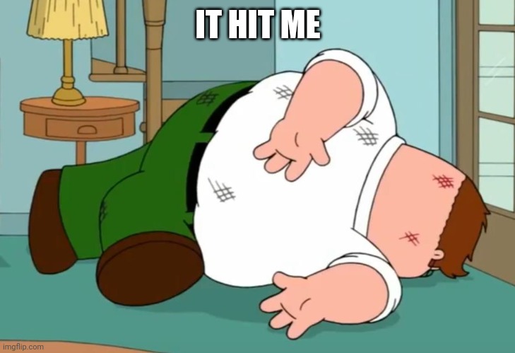 Peter Griffin falling down | IT HIT ME | image tagged in peter griffin falling down | made w/ Imgflip meme maker