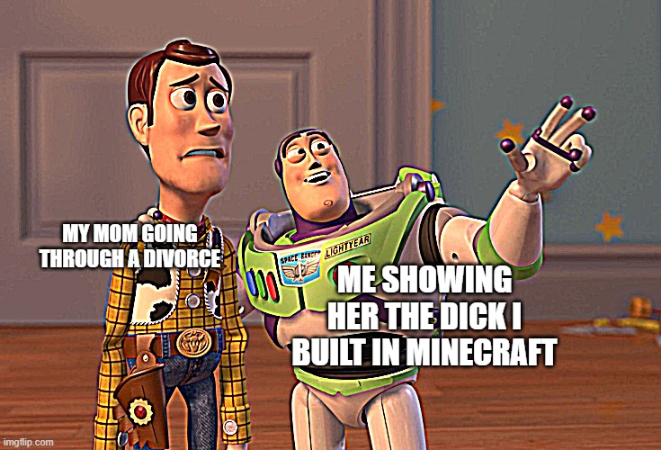 X, X Everywhere | MY MOM GOING THROUGH A DIVORCE; ME SHOWING HER THE DICK I BUILT IN MINECRAFT | image tagged in memes,x x everywhere | made w/ Imgflip meme maker