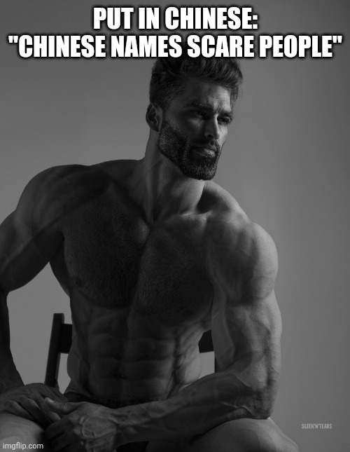 Giga Chad | PUT IN CHINESE: "CHINESE NAMES SCARE PEOPLE" | image tagged in giga chad | made w/ Imgflip meme maker