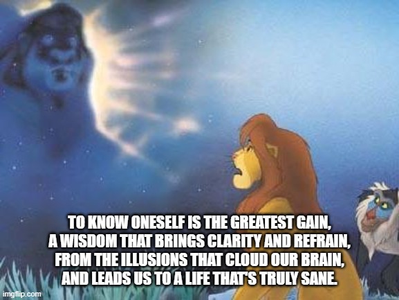 Lion King Mufasa in the sky | TO KNOW ONESELF IS THE GREATEST GAIN,
A WISDOM THAT BRINGS CLARITY AND REFRAIN,
FROM THE ILLUSIONS THAT CLOUD OUR BRAIN,
AND LEADS US TO A LIFE THAT'S TRULY SANE. | image tagged in lion king mufasa in the sky | made w/ Imgflip meme maker