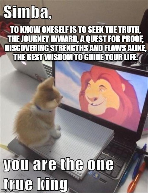 TO KNOW ONESELF IS TO SEEK THE TRUTH,
THE JOURNEY INWARD, A QUEST FOR PROOF,
DISCOVERING STRENGTHS AND FLAWS ALIKE,
THE BEST WISDOM TO GUIDE YOUR LIFE. | made w/ Imgflip meme maker