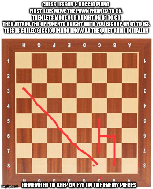 this is a good tactic, for a while | CHESS LESSON 1: GUCCIO PIANO 


FIRST, LETS MOVE THE PAWN FROM C7 TO C5.
THEN LETS MOVE OUR KNIGHT ON B1 TO C6
THEN ATTACK THE OPPONENTS KNIGHT WITH YOU BISHOP ON C1 TO H3.
THIS IS CALLED GICCIOU PIANO KNOW AS THE QUIET GAME IN ITALIAN; REMEMBER TO KEEP AN EYE ON THE ENEMY PIECES | image tagged in chess/checker board | made w/ Imgflip meme maker