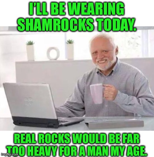 Shamrocks | I’LL BE WEARING SHAMROCKS TODAY. REAL ROCKS WOULD BE FAR TOO HEAVY FOR A MAN MY AGE. | image tagged in harold,dad joke | made w/ Imgflip meme maker