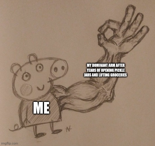 My arm be stronk now | MY DOMINANT ARM AFTER YEARS OF OPENING PICKLE JARS AND LIFTING GROCERIES; ME | image tagged in memes | made w/ Imgflip meme maker