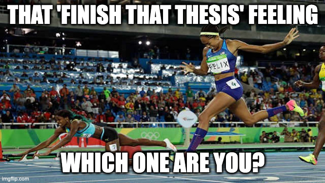 finish line | THAT 'FINISH THAT THESIS' FEELING; WHICH ONE ARE YOU? | image tagged in finish line | made w/ Imgflip meme maker