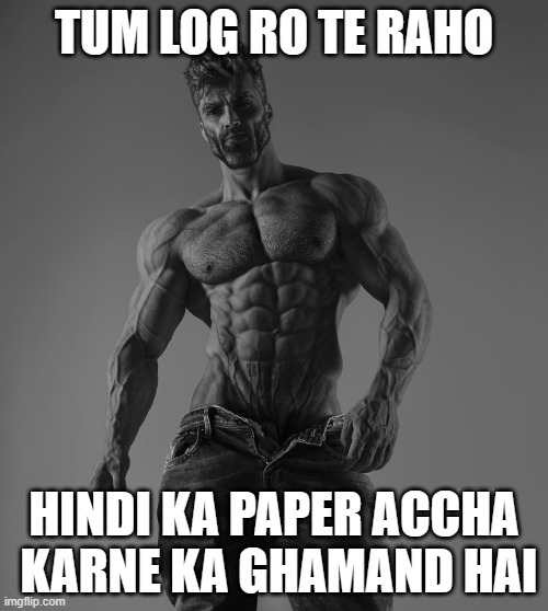 Gigachad | TUM LOG RO TE RAHO; HINDI KA PAPER ACCHA  KARNE KA GHAMAND HAI | image tagged in gigachad | made w/ Imgflip meme maker