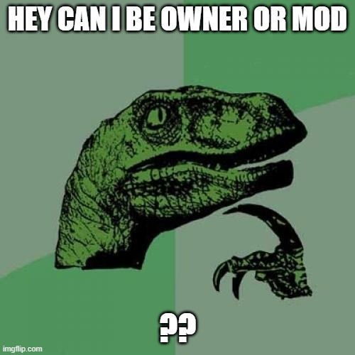 just wanna know | HEY CAN I BE OWNER OR MOD; ?? | image tagged in memes,philosoraptor | made w/ Imgflip meme maker