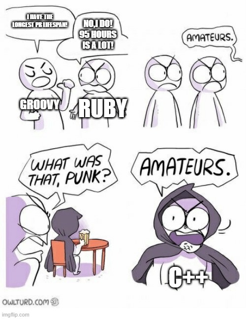 Amateurs | I HAVE THE LONGEST PR LIFESPAN! NO,I DO! 95 HOURS IS A LOT! GROOVY; RUBY; C++ | image tagged in amateurs | made w/ Imgflip meme maker