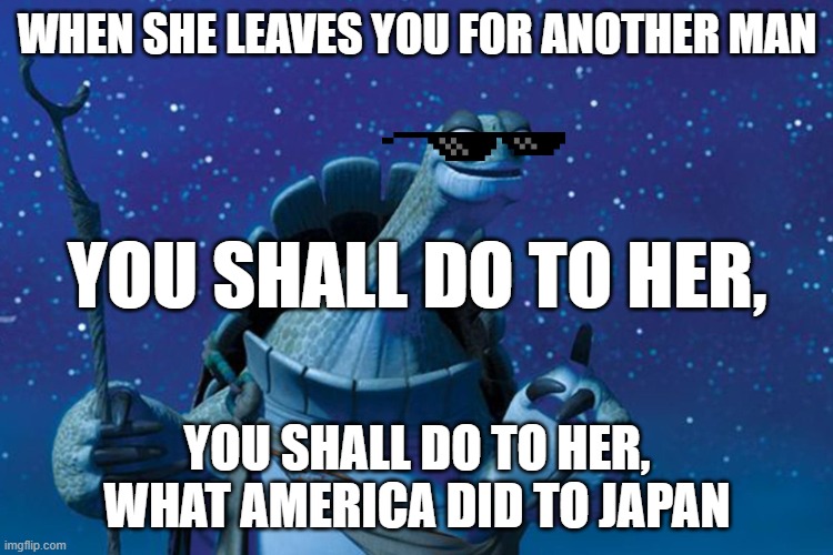 Master Oogway | WHEN SHE LEAVES YOU FOR ANOTHER MAN; YOU SHALL DO TO HER, YOU SHALL DO TO HER, WHAT AMERICA DID TO JAPAN | image tagged in master oogway | made w/ Imgflip meme maker