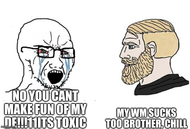 Soyboy Vs Yes Chad | MY WM SUCKS TOO BROTHER, CHILL; NO YOU CANT MAKE FUN OF MY DE!!!11ITS TOXIC | image tagged in soyboy vs yes chad,linuxmemes | made w/ Imgflip meme maker