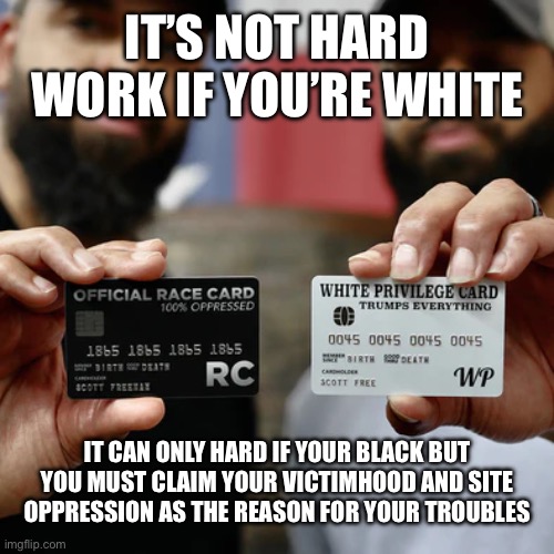 IT’S NOT HARD WORK IF YOU’RE WHITE IT CAN ONLY HARD IF YOUR BLACK BUT YOU MUST CLAIM YOUR VICTIMHOOD AND SITE OPPRESSION AS THE REASON FOR Y | made w/ Imgflip meme maker