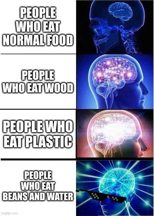 Expanding Brain | PEOPLE WHO EAT NORMAL FOOD; PEOPLE WHO EAT WOOD; PEOPLE WHO EAT PLASTIC; PEOPLE WHO EAT BEANS AND WATER | image tagged in memes,expanding brain | made w/ Imgflip meme maker