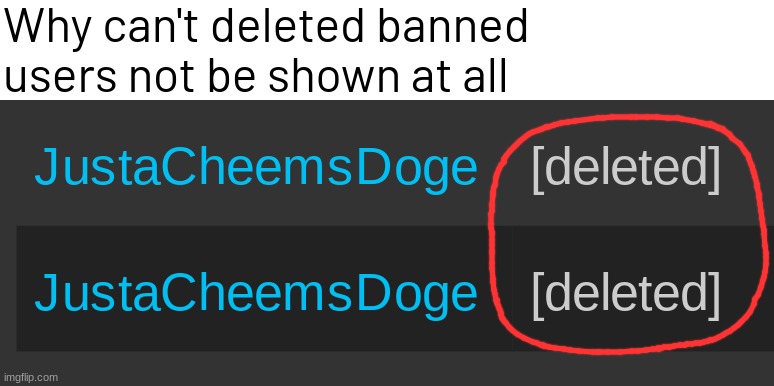 Specifically, a deleted user banned from the aww stream | Why can't deleted banned users not be shown at all | made w/ Imgflip meme maker
