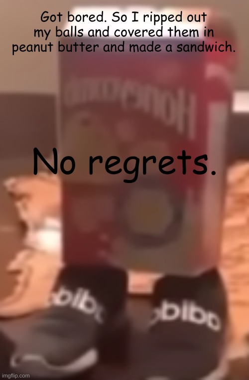 homie cereal wid da drippin | Got bored. So I ripped out my balls and covered them in peanut butter and made a sandwich. No regrets. | image tagged in homie cereal wid da drippin | made w/ Imgflip meme maker