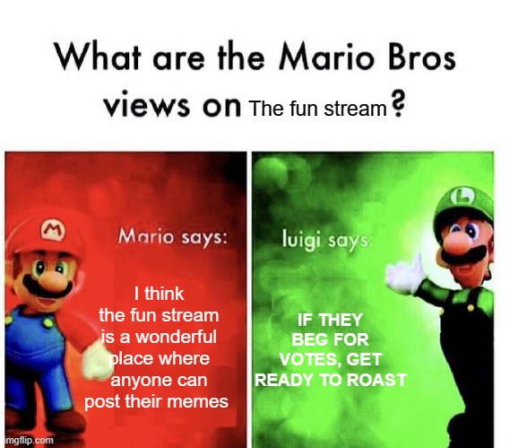 Dang luigi | The fun stream; I think the fun stream is a wonderful place where anyone can post their memes; IF THEY BEG FOR VOTES, GET READY TO ROAST | image tagged in mario bros views | made w/ Imgflip meme maker