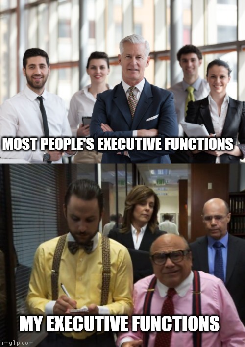 Adhd executive functions | MOST PEOPLE'S EXECUTIVE FUNCTIONS; MY EXECUTIVE FUNCTIONS | image tagged in adhd,executive functions,relatable memes,its always sunny in philidelphia,frank and charlie,why am i like this | made w/ Imgflip meme maker
