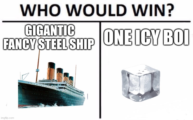 An ice cube | GIGANTIC FANCY STEEL SHIP; ONE ICY BOI | image tagged in memes,who would win | made w/ Imgflip meme maker