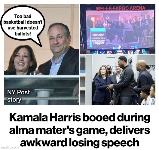 Kamala Harris: as popular as herpes | Too bad
basketball doesn't
use harvested
ballots! NY Post
story | image tagged in memes,kamala harris,booed,basketball,democrats,joe biden | made w/ Imgflip meme maker