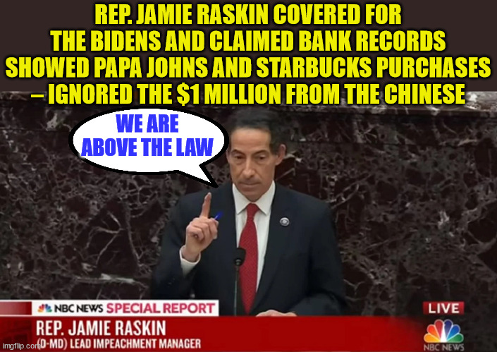 Shh... you're weren't supposed to know this... | REP. JAMIE RASKIN COVERED FOR THE BIDENS AND CLAIMED BANK RECORDS SHOWED PAPA JOHNS AND STARBUCKS PURCHASES – IGNORED THE $1 MILLION FROM THE CHINESE; WE ARE ABOVE THE LAW | image tagged in crooked,joe biden,democrats | made w/ Imgflip meme maker