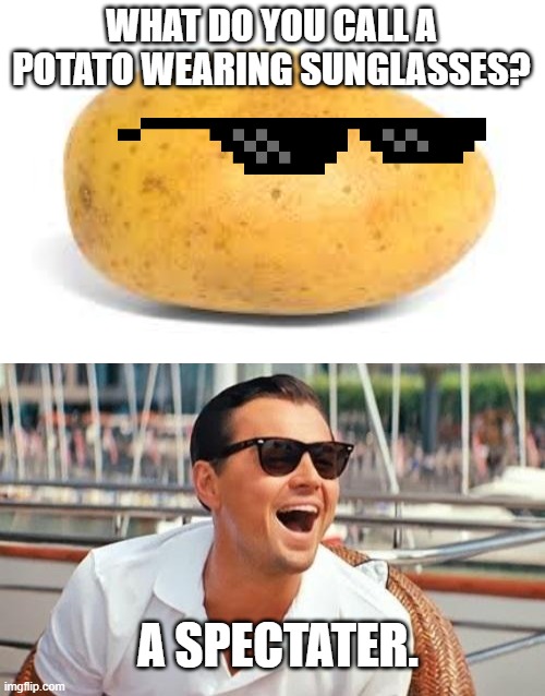 WHAT DO YOU CALL A POTATO WEARING SUNGLASSES? A SPECTATER. | image tagged in potato,memes,leonardo dicaprio wolf of wall street | made w/ Imgflip meme maker