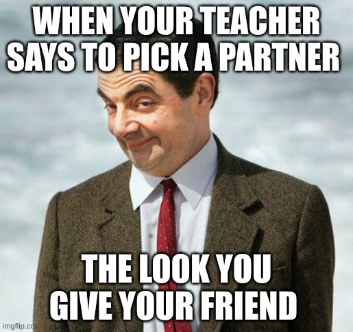 mr bean | WHEN YOUR TEACHER SAYS TO PICK A PARTNER; THE LOOK YOU GIVE YOUR FRIEND | image tagged in mr bean | made w/ Imgflip meme maker