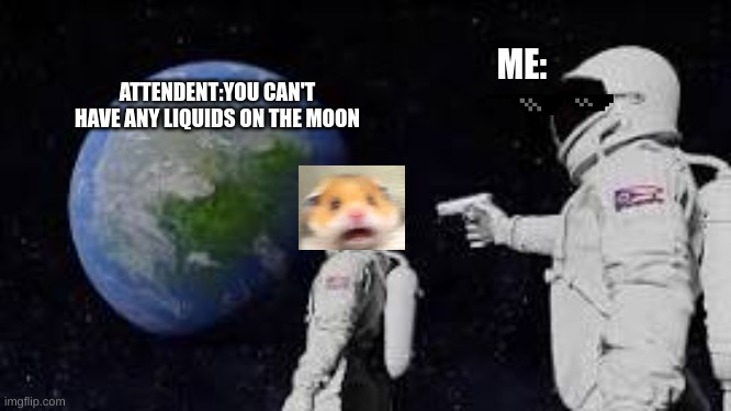 HApter | ME:; ATTENDENT:YOU CAN'T HAVE ANY LIQUIDS ON THE MOON | image tagged in hampter | made w/ Imgflip meme maker